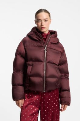 Shiny down puffer jacket with statement puller, Brown