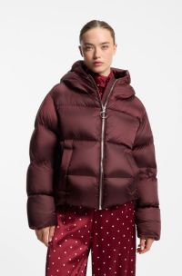 Shiny down puffer jacket with statement puller, Brown