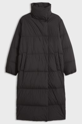 Longline quilted down jacket with high collar, Black