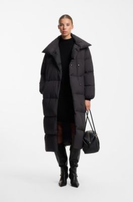 Longline quilted down jacket with high collar, Black