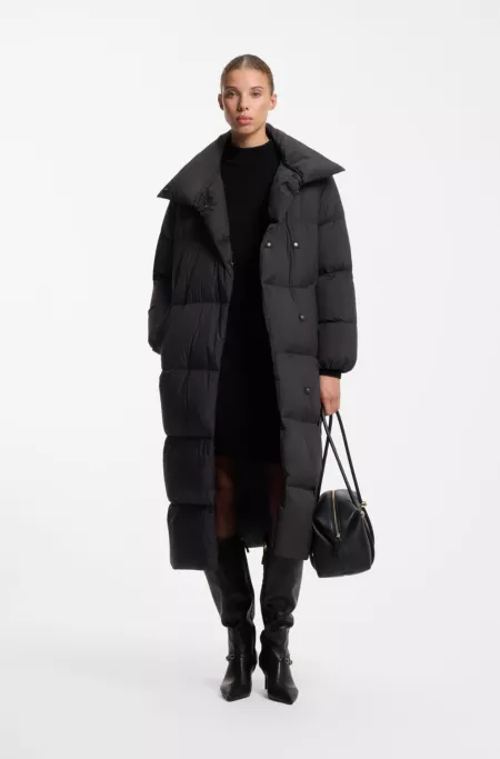 Longline quilted down jacket with high collar