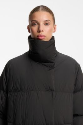 Longline quilted down jacket with high collar, Black