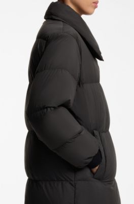 Longline quilted down jacket with high collar, Black