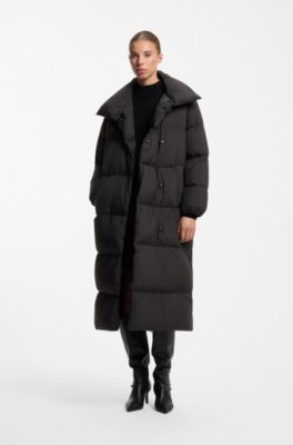 Longline quilted down jacket with high collar, Black
