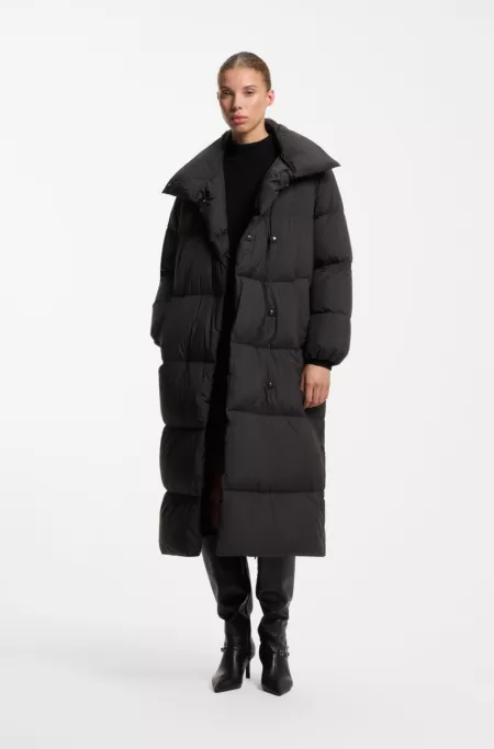 Longline quilted down jacket with high collar