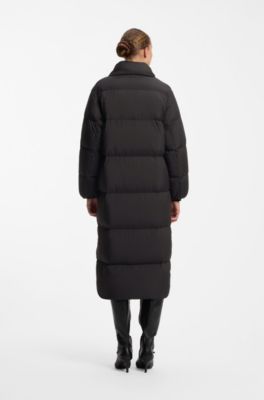Longline quilted down jacket with high collar, Black