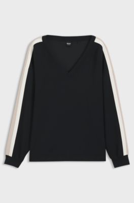 V-neck sweatshirt with contrast sleeve stripes, Black