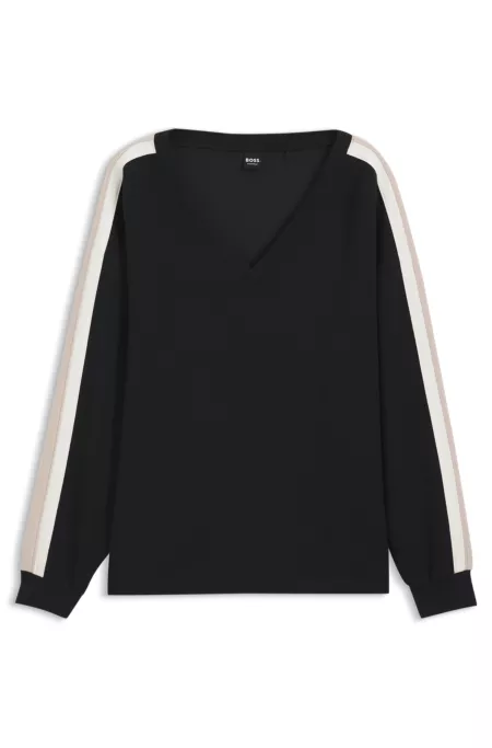 Sweatshirt mit V-Ausschnitt und Kontrast-Streifen an den Ärmeln