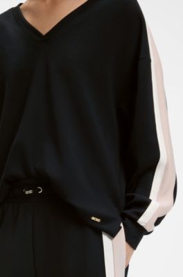 V-neck sweatshirt with contrast sleeve stripes, Black