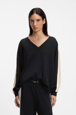 V-neck sweatshirt with contrast sleeve stripes, Black