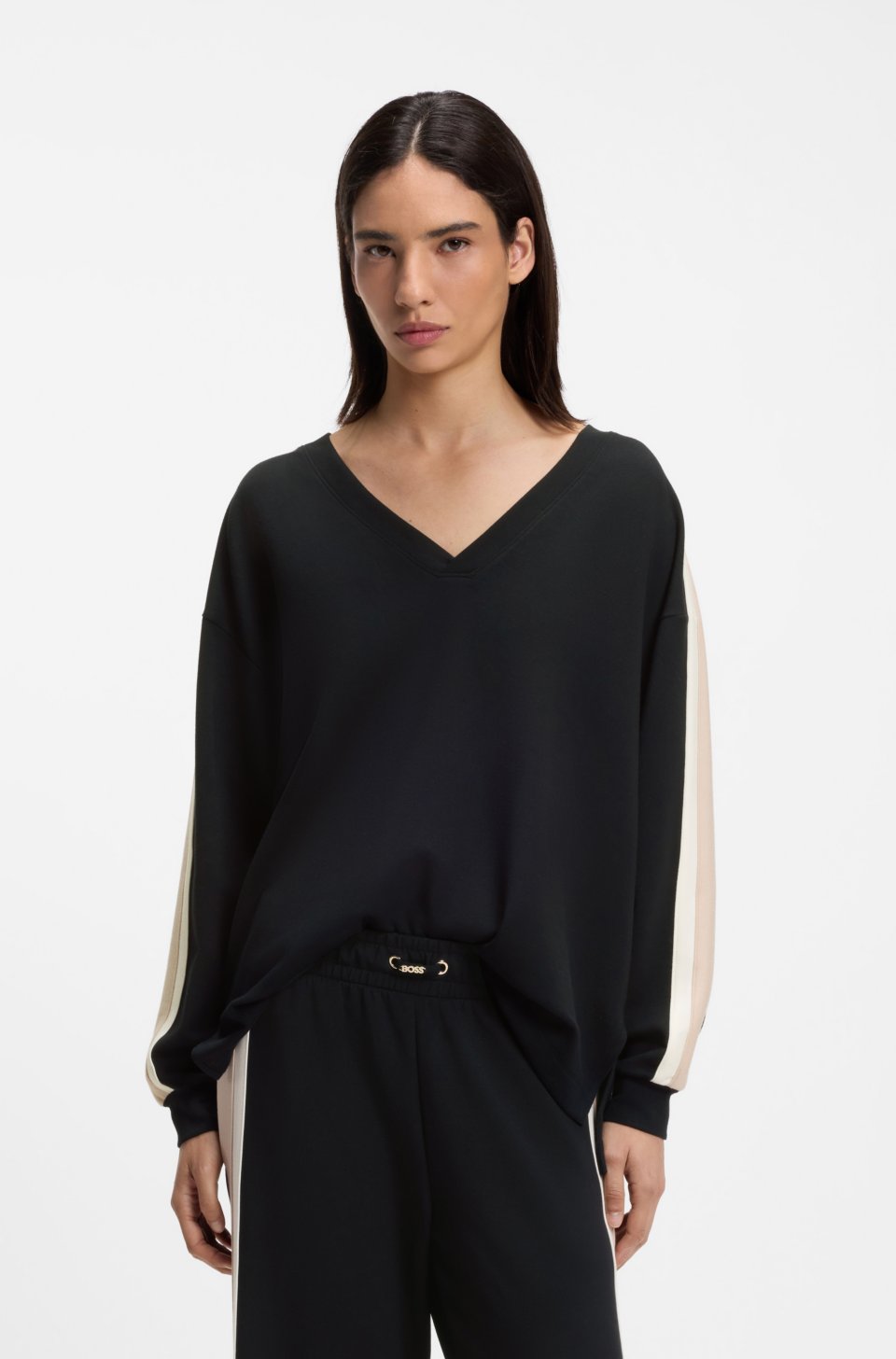 V-neck sweatshirt with contrast sleeve stripes