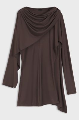 Top aus drapiertem Jersey mit Schal-Detail, Dunkelbraun