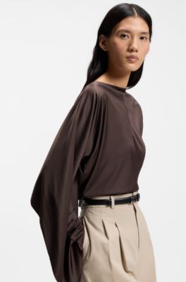 Top aus drapiertem Jersey mit Schal-Detail, Dunkelbraun