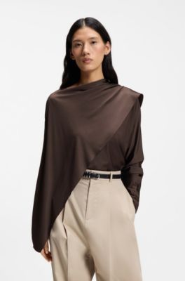 Top aus drapiertem Jersey mit Schal-Detail, Dunkelbraun