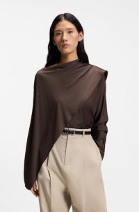 Long-sleeved top in draped jersey with scarf detail, Dark Brown