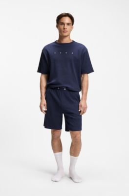 Pantaloni del pigiama in misto cotone a coste con elastico in vita con logo, Blu scuro