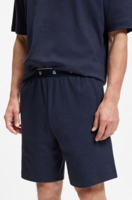 Ribbed cotton-blend pyjama bottoms with logo waistband, Dark Blue