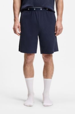 Ribbed cotton-blend pyjama bottoms with logo waistband, Dark Blue