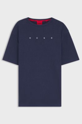 コットンブレンド パジャマTシャツ ロゴエンブロイダリー, ダークブルー