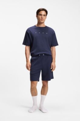 Cotton-blend pyjama T-shirt with embroidered logo, Dark Blue