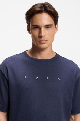 T-shirt del pigiama in misto cotone con logo ricamato, Blu scuro