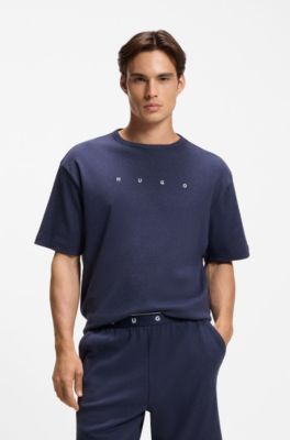 Cotton-blend pyjama T-shirt with embroidered logo, Dark Blue