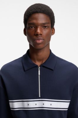 Polo in cotone elasticizzato con nastro con logo, Blu scuro