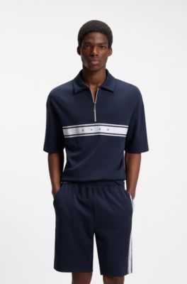Polo in cotone elasticizzato con nastro con logo, Blu scuro