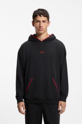 Relaxed-fit hoodie with branded contrast piping, Black