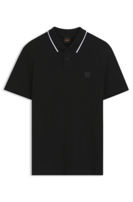 Cotton-piqu&eacute; polo shirt with contrast collar stripe, Black