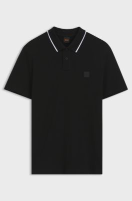Cotton-piqu&eacute; polo shirt with contrast collar stripe, Black