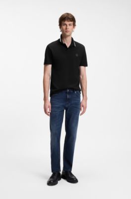 Cotton-piqu&eacute; polo shirt with contrast collar stripe, Black