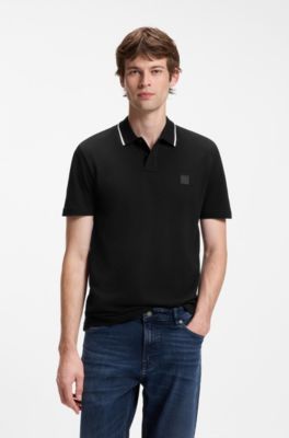 Cotton-piqu&eacute; polo shirt with contrast collar stripe, Black