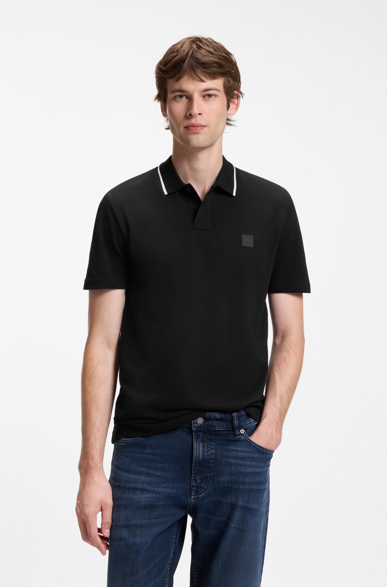 Boss Cotton-piqué polo shirt with contrast collar stripe pikéer herr