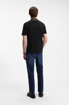 Cotton-piqu&eacute; polo shirt with contrast collar stripe, Black