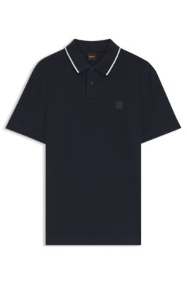 Cotton-piqu&eacute; polo shirt with contrast collar stripe, Dark Blue