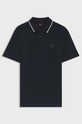 Cotton-piqu&eacute; polo shirt with contrast collar stripe, Dark Blue