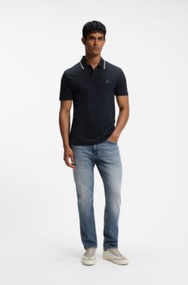 Cotton-piqu&eacute; polo shirt with contrast collar stripe, Dark Blue