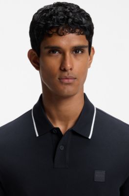 Cotton-piqu&eacute; polo shirt with contrast collar stripe, Dark Blue
