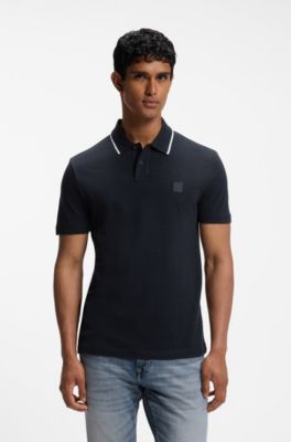 Cotton-piqu&eacute; polo shirt with contrast collar stripe, Dark Blue