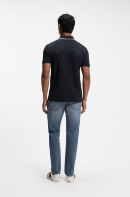 Cotton-piqu&eacute; polo shirt with contrast collar stripe, Dark Blue