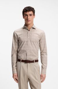 Camicia slim fit in cotone italiano a quadri, Beige a motivi