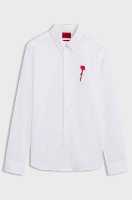 Relaxed-fit shirt in stretch cotton with embroidered artwork, White