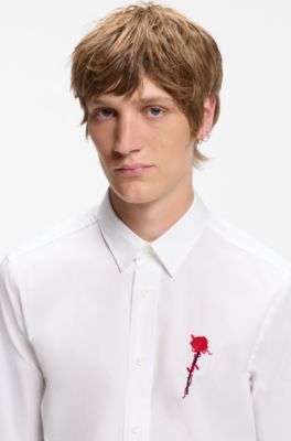 Relaxed-fit shirt in stretch cotton with embroidered artwork, White