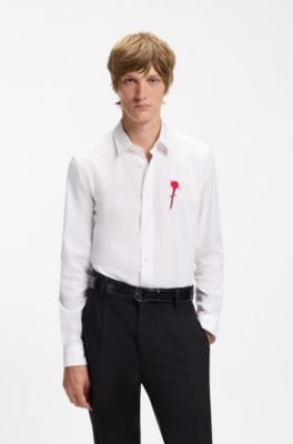Relaxed-fit shirt in stretch cotton with embroidered artwork, White