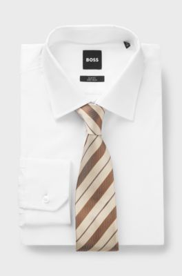 Diagonal-stripe tie in Italian-made silk, Brown Patterned