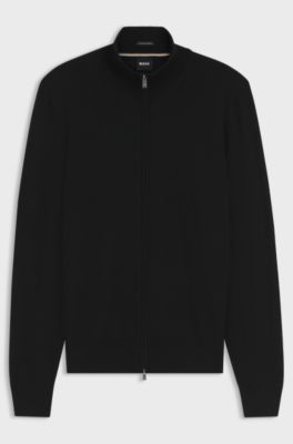 Zip-up sweater in merino wool, Black
