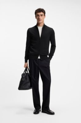 Zip-up sweater in merino wool, Black
