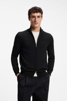 Zip-up sweater in merino wool, Black
