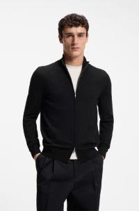 Zip-up sweater in merino wool, Black